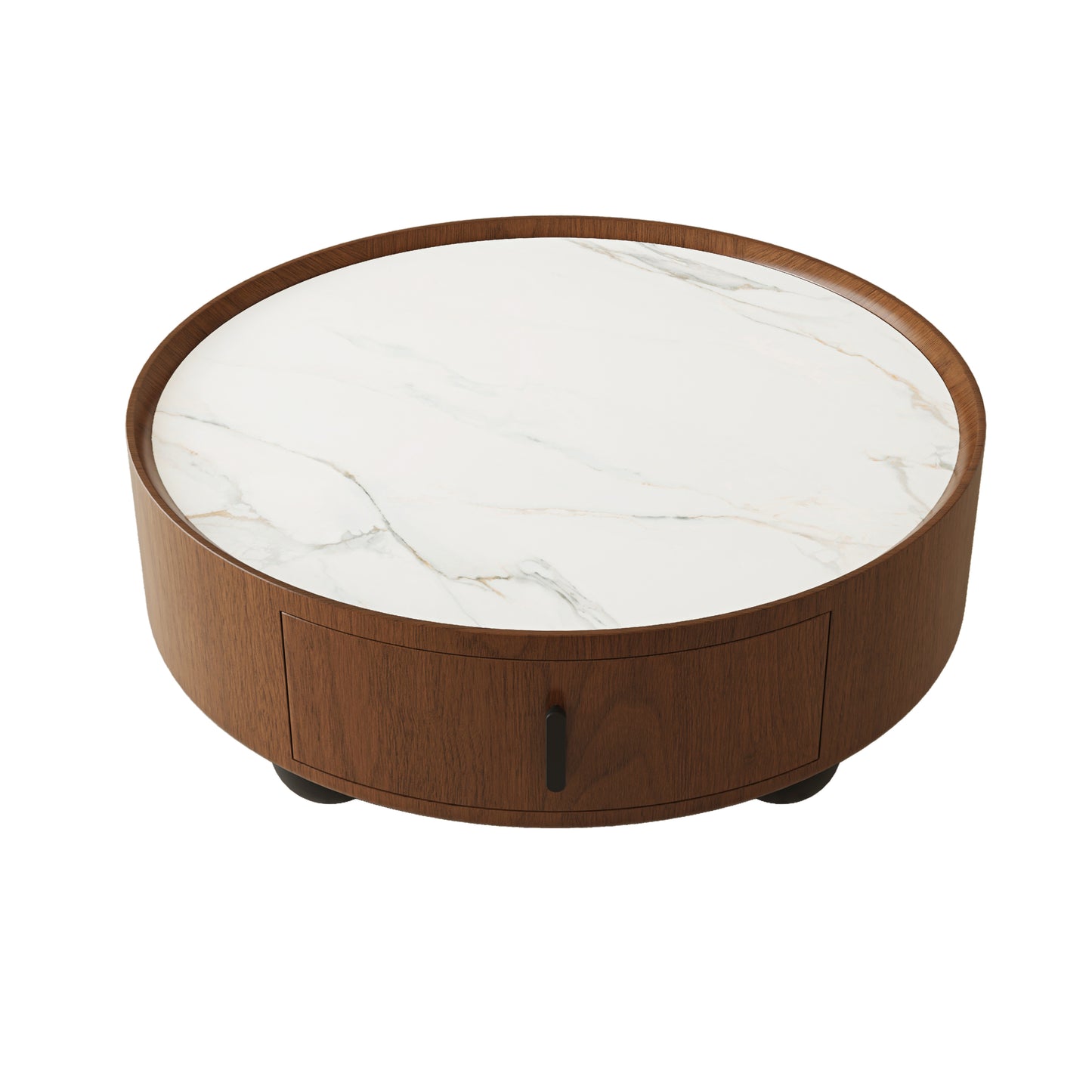 Mid-Century Modern Round Coffee Table with Marble-Look Stone Top, Walnut Veneer Finish, Matte Black Ball Feet, 35.43 Inch Diameter, Pull Handle Storage Drawer