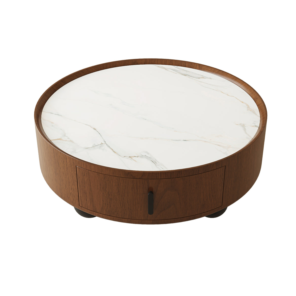 Round Marble-Look Coffee Table — 35", Walnut