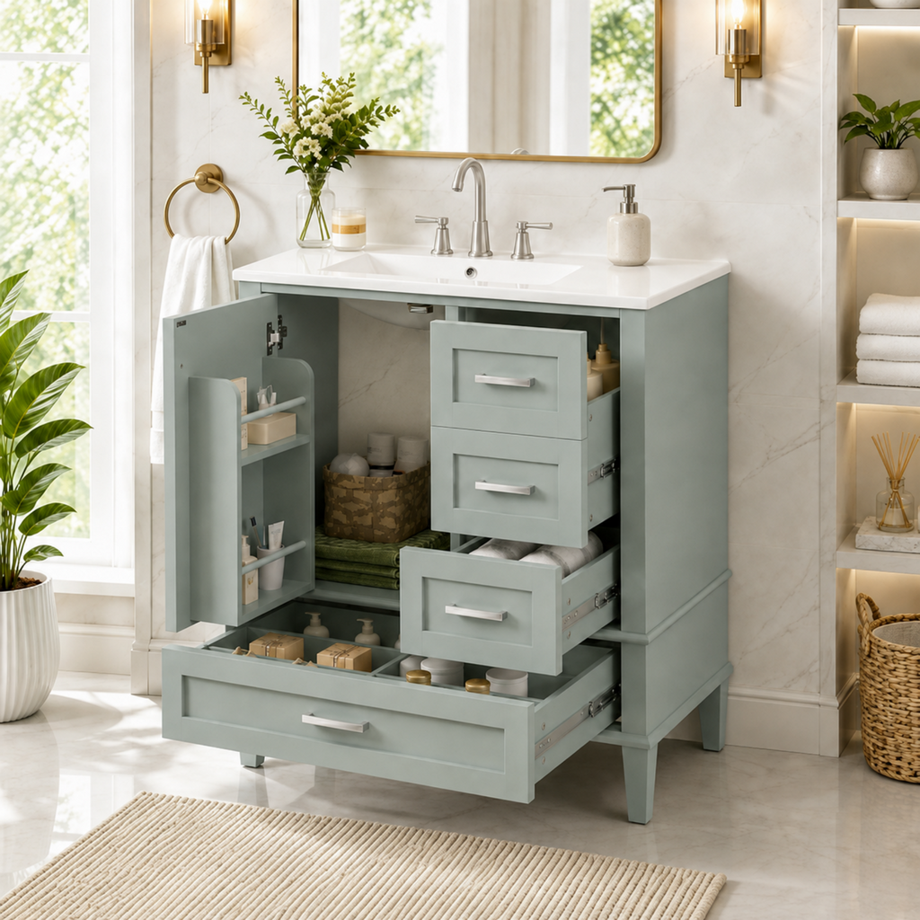 Modern Bathroom Vanity with Ceramic Sink — 30", Light Green