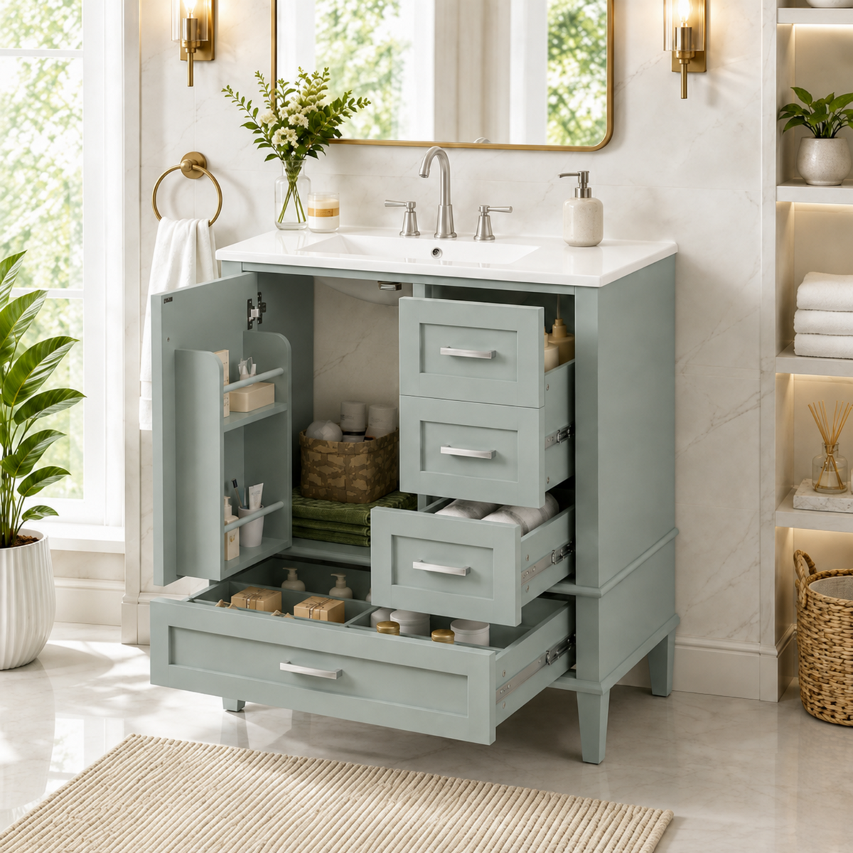 Modern Bathroom Vanity with Ceramic Sink — 30", Light Green