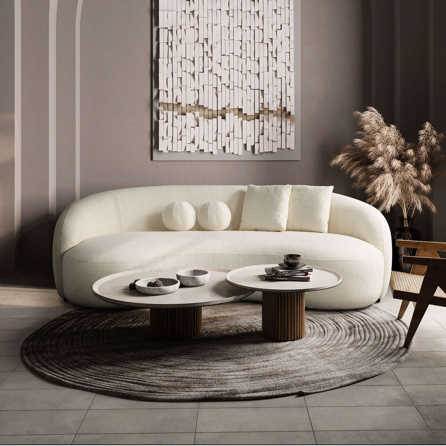 Drake Japandi Curvy Boucle Sofa – Ivory White (89")