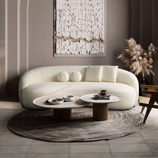 Drake Japandi Curvy Boucle Sofa – Ivory White (89")