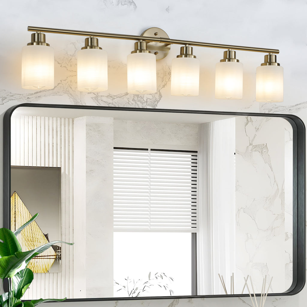 Modern 6-Light Vanity Light with Frosted Glass — 39", Gold