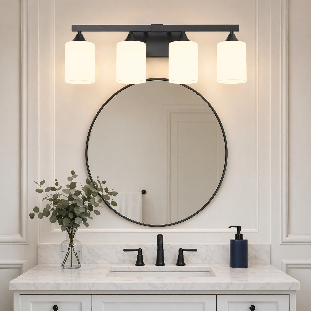 4-Light Vanity Light with Frosted Glass — Matte Black