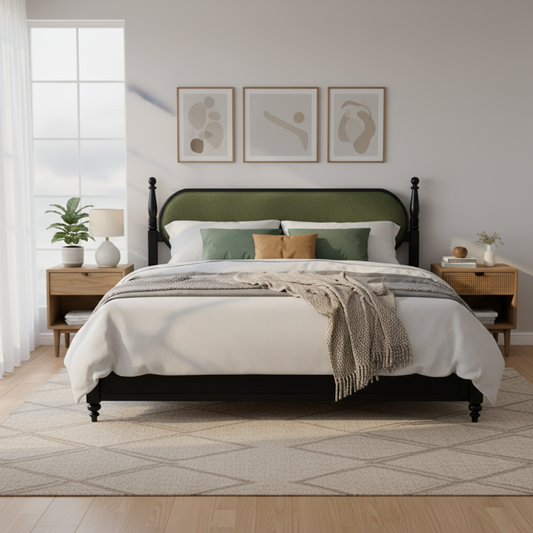 King Bed Frame – Green & Black Solid Wood Platform