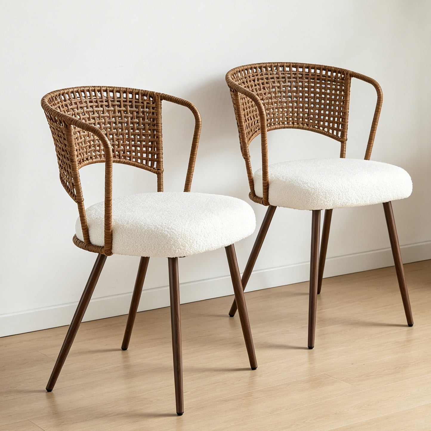 Wicker dining chairs - 2-piece set - Farmhouse soft cushioned cane back kitchen chair, sponge cushion, wing-back dining chair with metal legs, suitable for home and kitchen (dark brown)