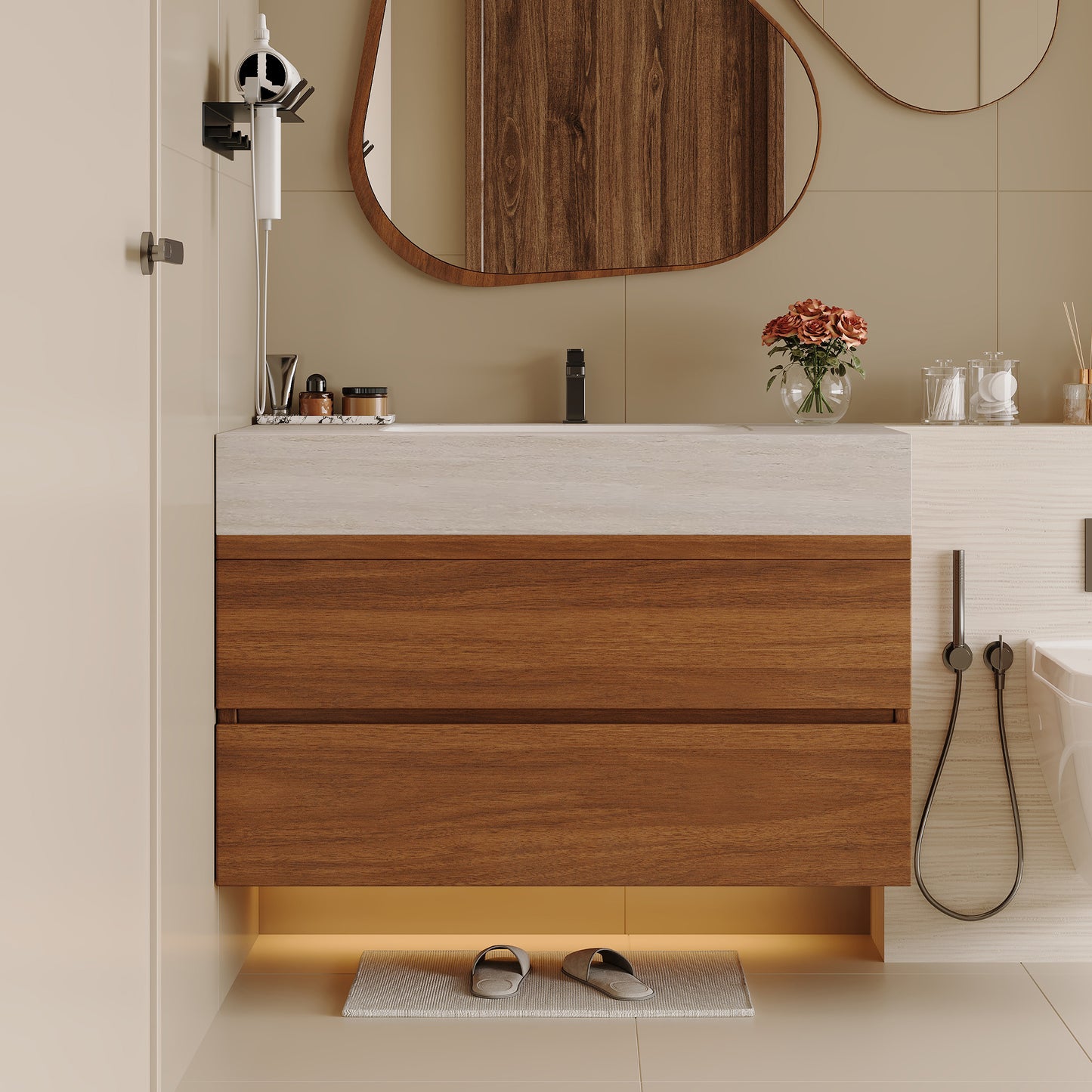 29.9' Modern Floating Bathroom Vanity with Faux Marble Top and Ceramic Undermount Sink, Wall-Mounted for Small Bathrooms and Apartments