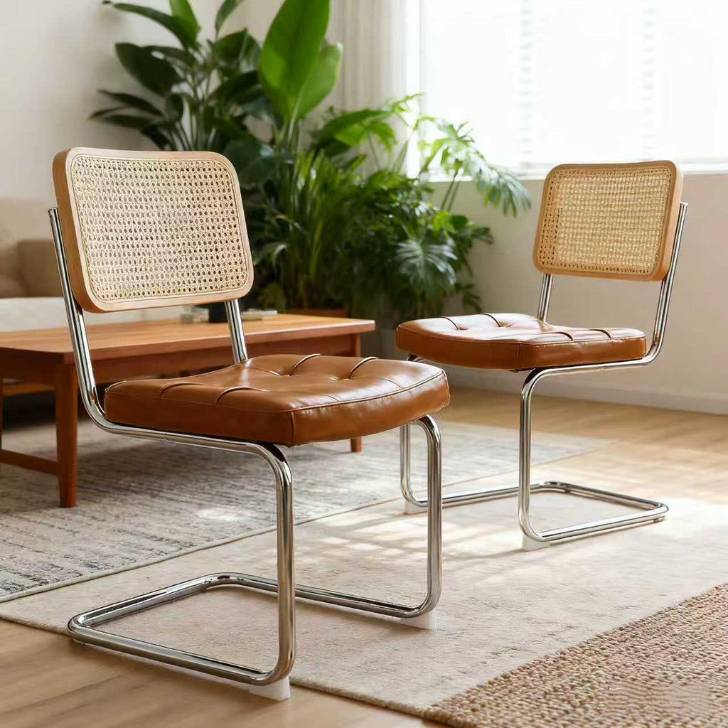 Breuer Dining Chairs — Rattan & Faux Leather, Brown, Set of 2