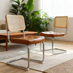 Breuer Dining Chairs — Rattan & Faux Leather, Brown, Set of 2