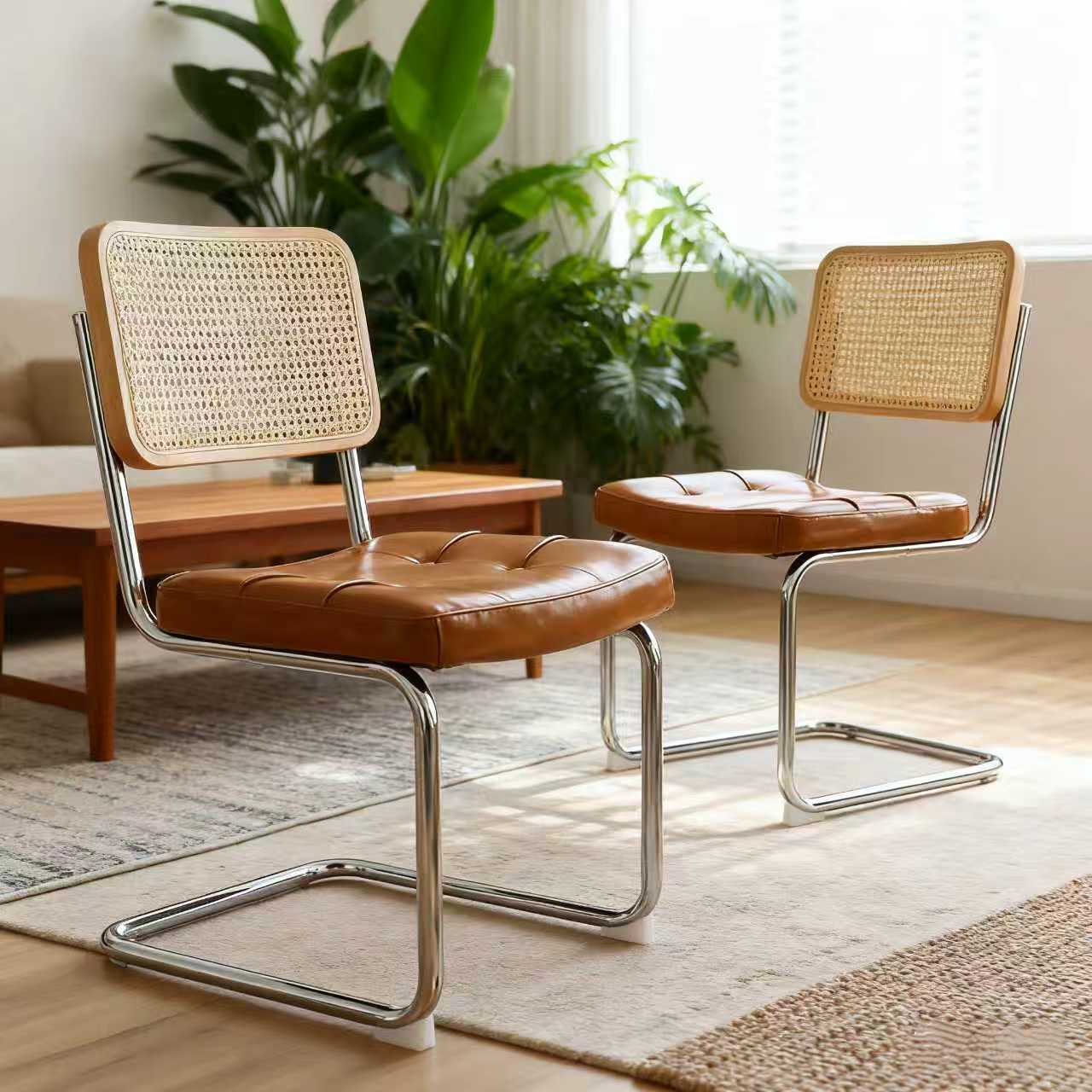 Dining Chairs Set of 2, Faux Leather Rattan Side Accent Chairs with Chrome Legs, Modern Mid Century Breuer Designed Chairs, Upholstered Dining Living Room Kitchen Chairs (Brown-2pcs)