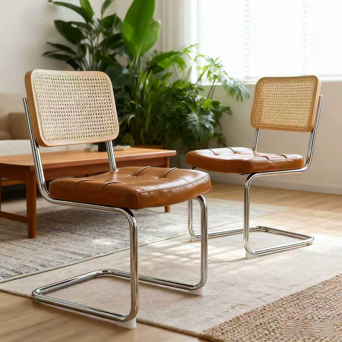 Breuer Dining Chairs — Rattan & Faux Leather, Brown, Set of 2