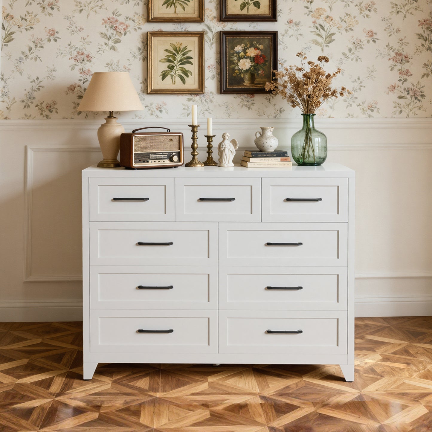 9-Drawer Tall Dresser, White Metal Storage Cabinet with Smooth Gliding Drawers, Space-Saving Chest of Drawers for Bedroom, Living Room, Entryway, Strong 5-Foot Design & Modern Handles
