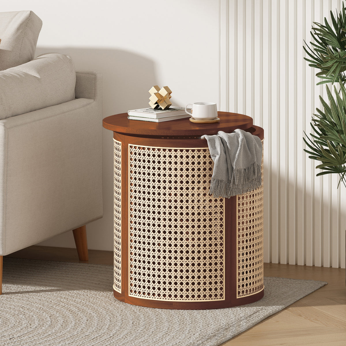 Round Woven Rattan Side Table — Dark Brown