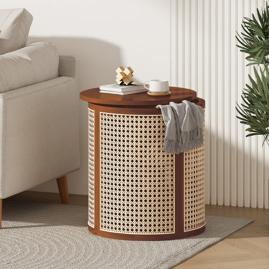 15.7" Round Rattan Woven End Table – Dark Brown