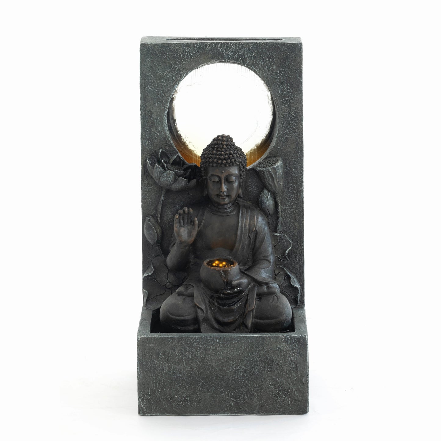 Zen-Style 28' Outdoor Buddha Waterfall Fountain in Black Resin, Freestanding Garden Decor with LED Lighting for Patio, Deck, Backyard & Home
