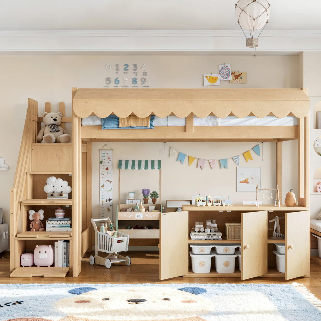 Kids Playhouse Loft Bed with Store Counter (Twin over Twin) — Natural