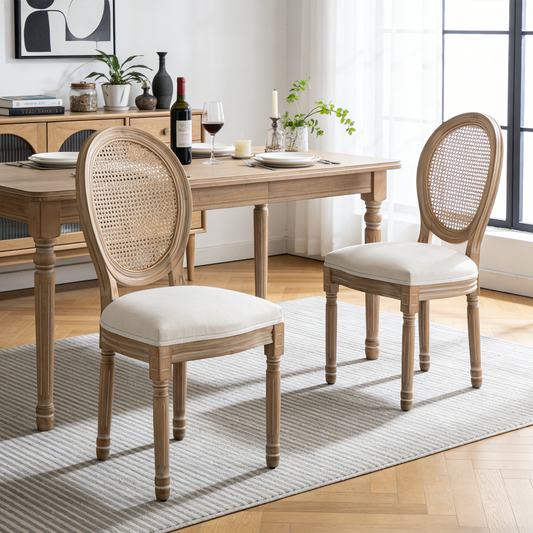 Farmhouse Dining Chairs – Rattan Backrest & Linen Seat (Set of 2)