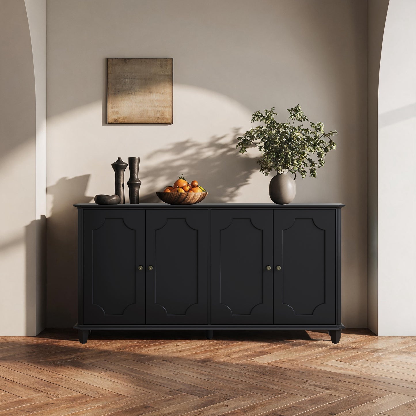 Black Farmhouse Sideboard Buffet Cabinet, 4 Door Vintage Storage Credenza with Decorative Curved Raised Panel Doors, Wide Closed Storage Accent Console Cabinet for Entryway, Living Room, Kitchen