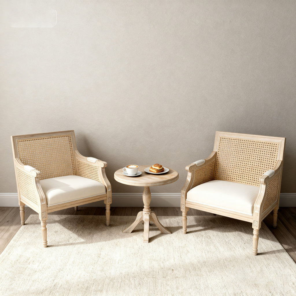 French Rattan Accent Chair — Upholstered, Beige