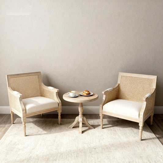 French Rattan Accent Chair — Upholstered, Beige