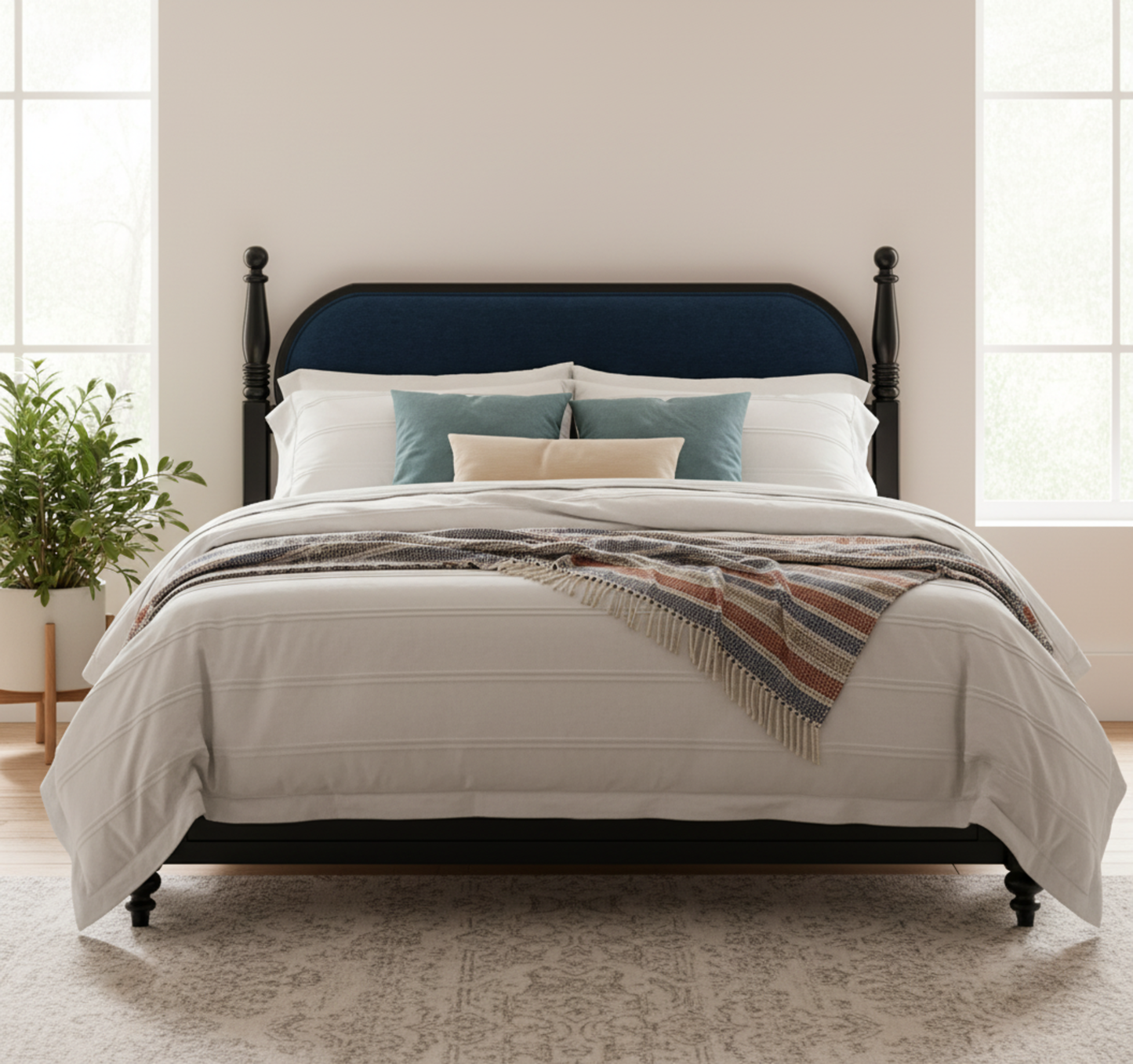 Queen Bed Frame – Navy Blue & Black Upholstered Headboard