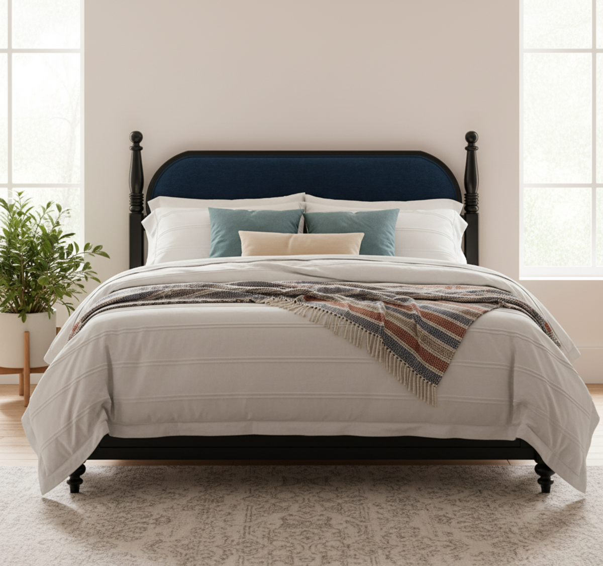 Two-Tone Upholstered Bed — Queen, Navy & Black