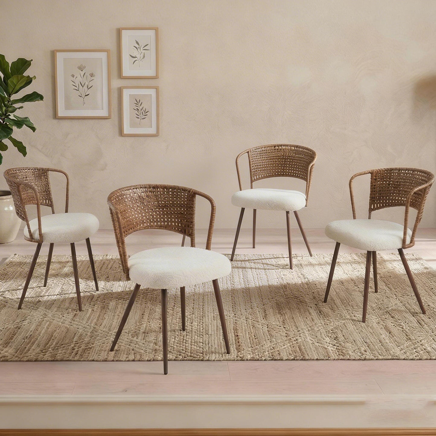 Wicker dining chairs - 4-piece set - Farmhouse soft padded cane back kitchen chair with sponge cushion, wing-back dining chair with metal legs, suitable for home and kitchen (dark brown)