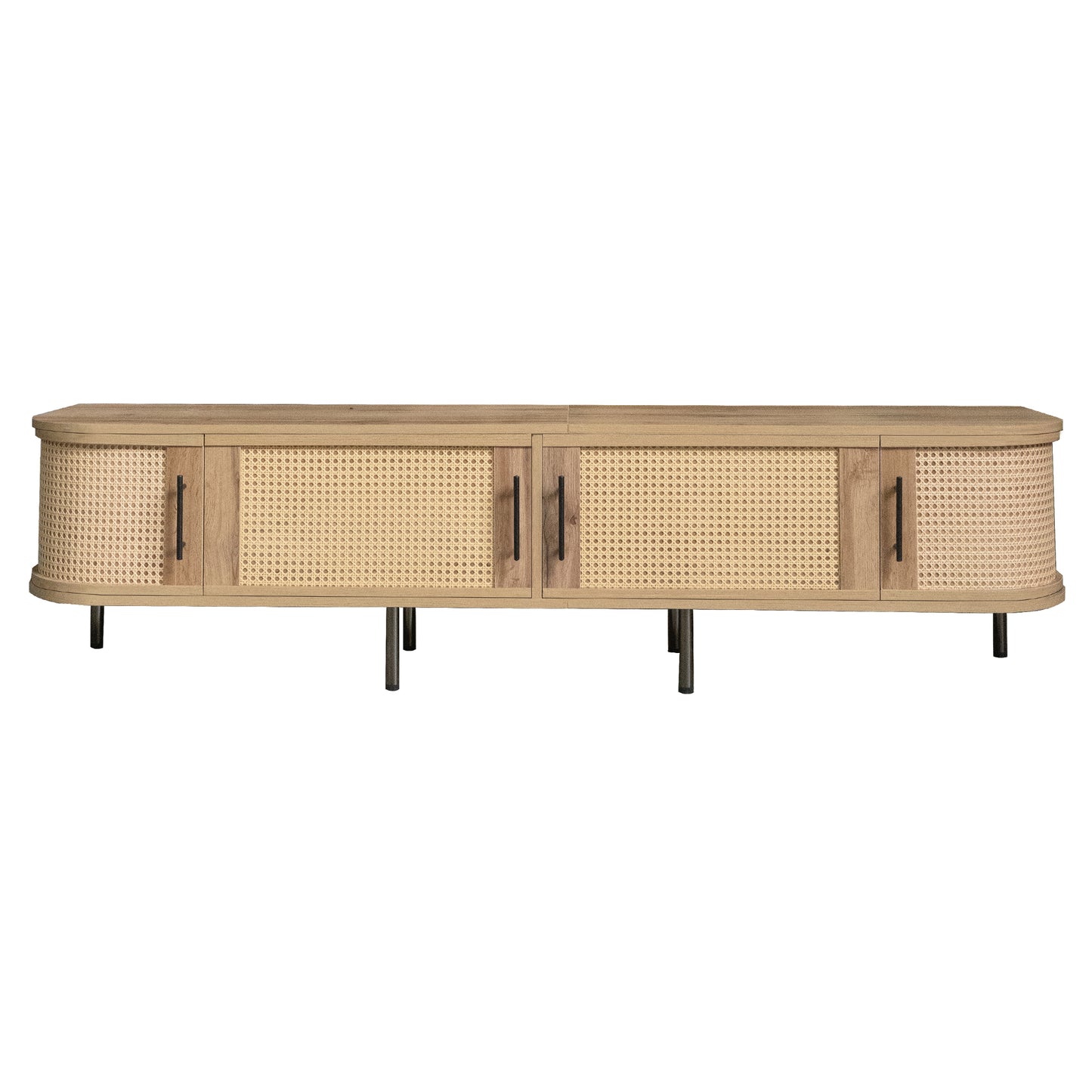 Modern 70inch TV Stand with Rattan Doors, Natural Wood Finish, MDF and Iron Construction for TVs up to 80 inches