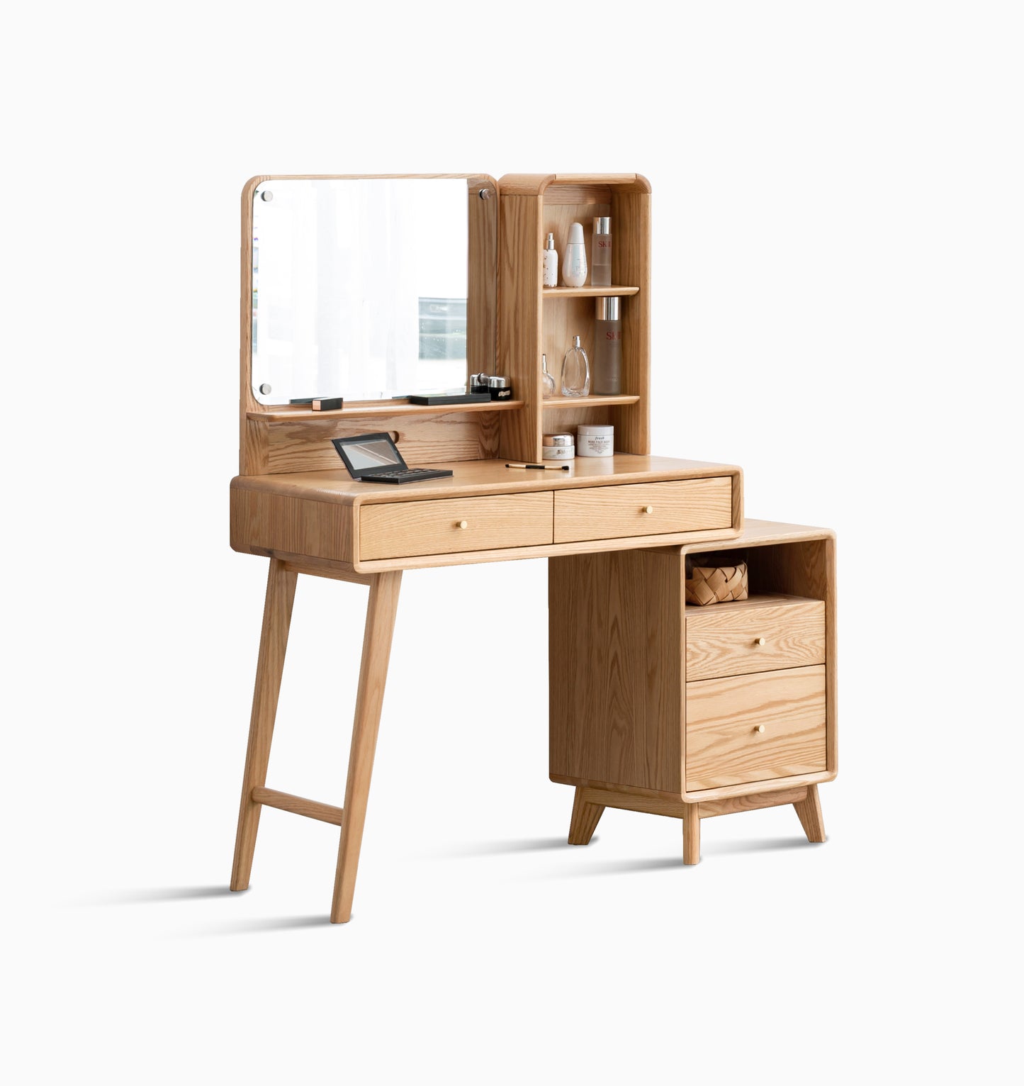 Solid Oak Dresser Table with Linen Gray Makeup Stool