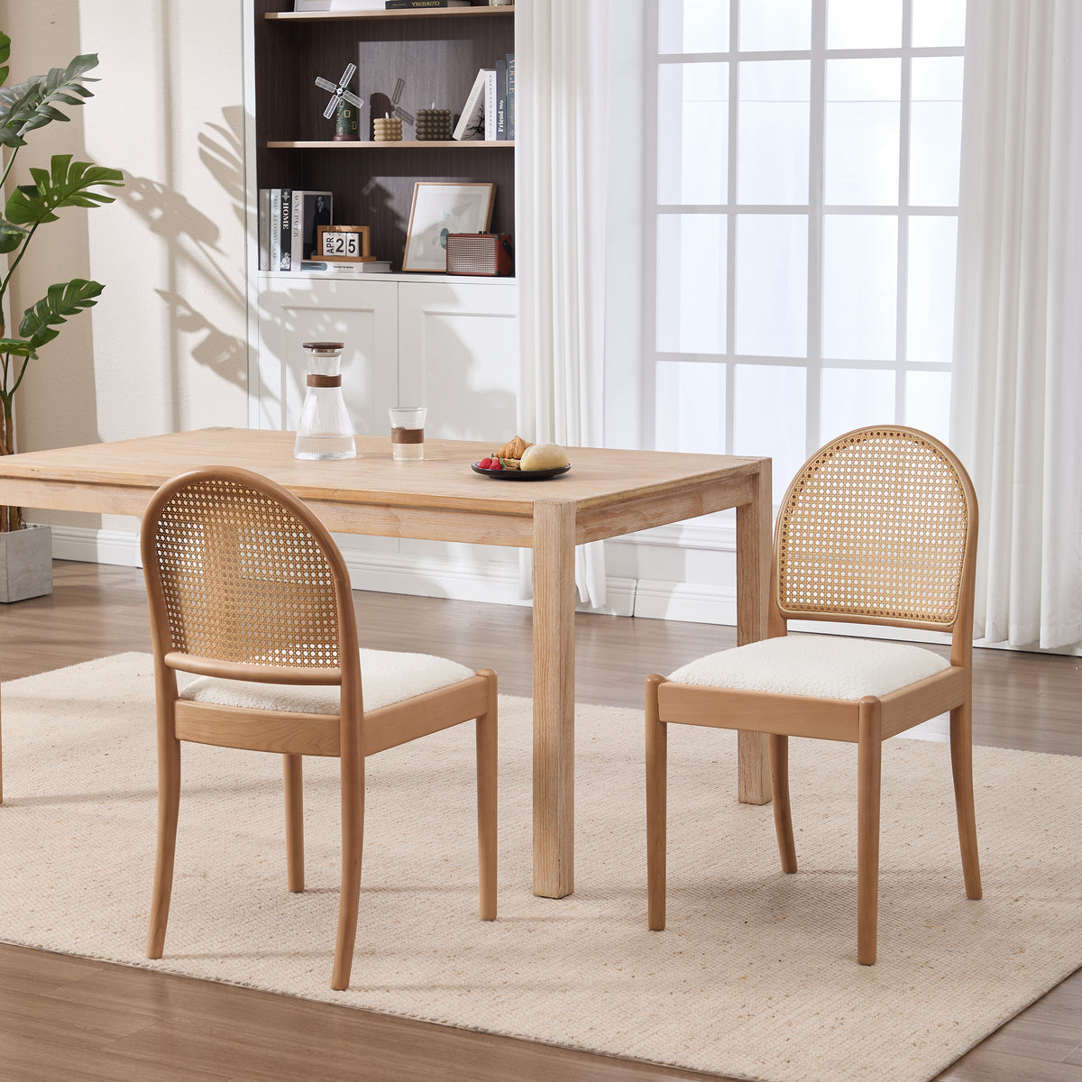 Rattan & Linen Dining Chairs — Beige, Set of 2