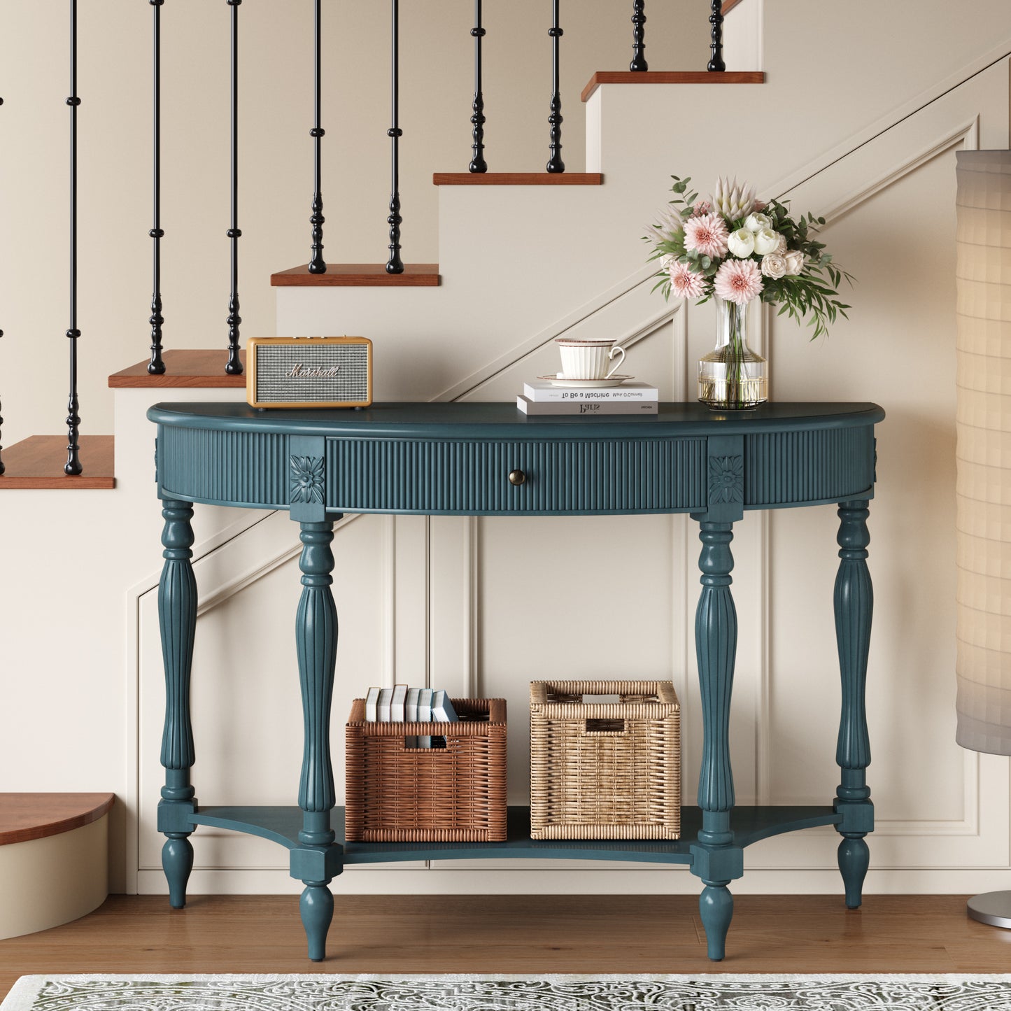 Solid Wood Half Moon Console Table with Drawer & Shelf, Fluted Vintage Curved Entryway Table for Hallway Living Room Foyer, Narrow Space Sofa Table with Roman Column Carved Legs,Rustic Blue