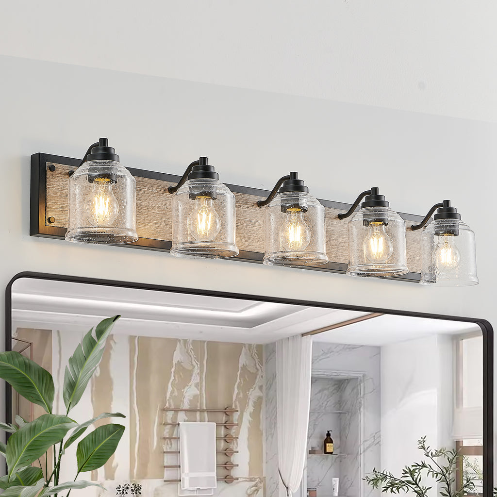 Farmhouse 5-Light Vanity Light with Seeded Glass — 40", Black & Wood