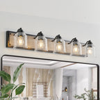 Farmhouse 5-Light Vanity Light with Seeded Glass — 40", Black & Wood