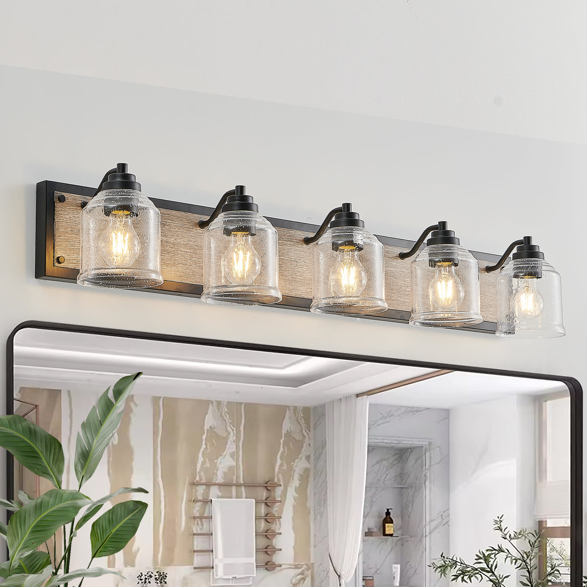 Farmhouse 5-Light Vanity Light with Seeded Glass — 40", Black & Wood