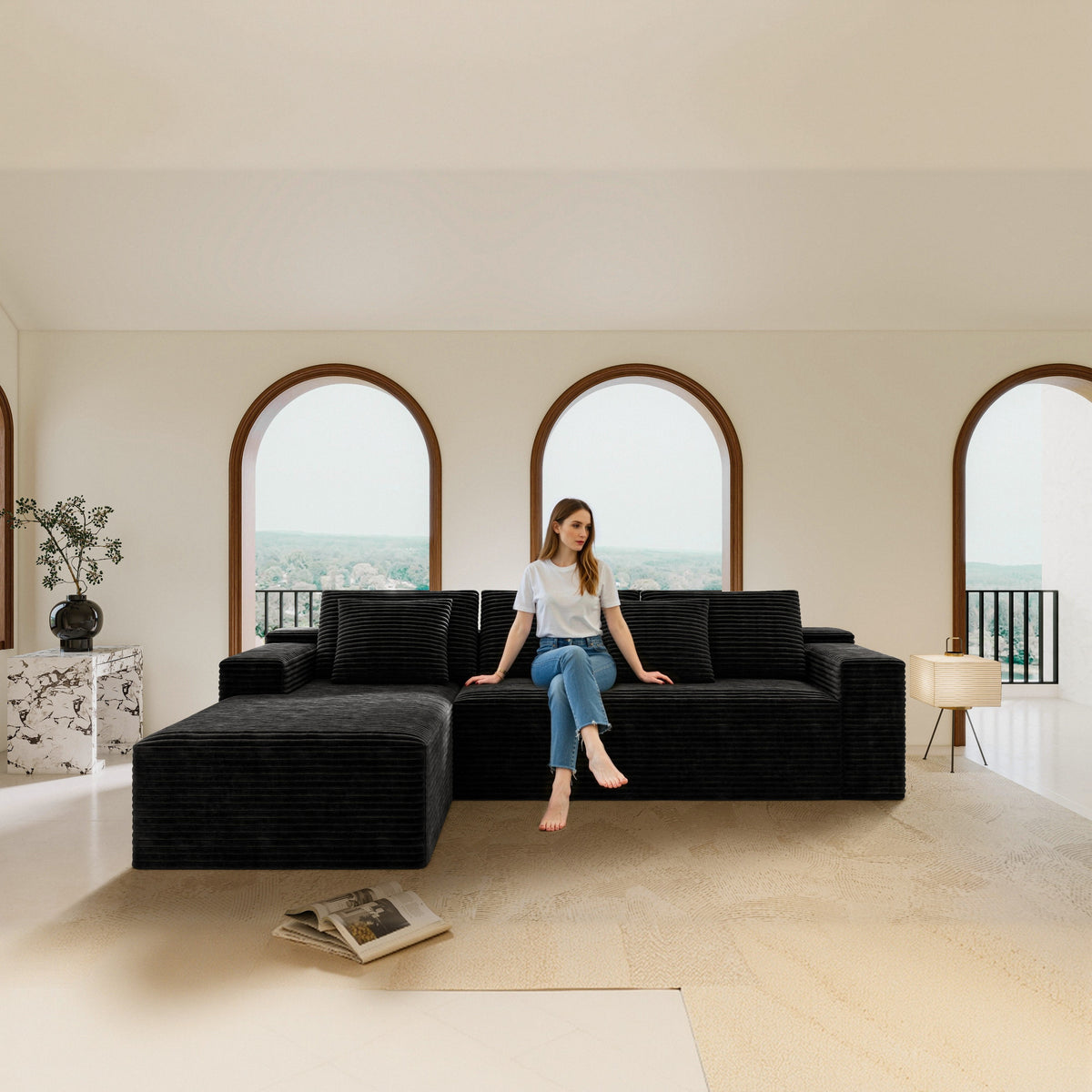 Modular Corduroy Sectional — 98", Black