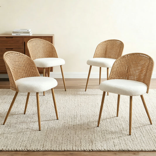 Wicker Bohemian Dining Chairs — Beige, Set of 4