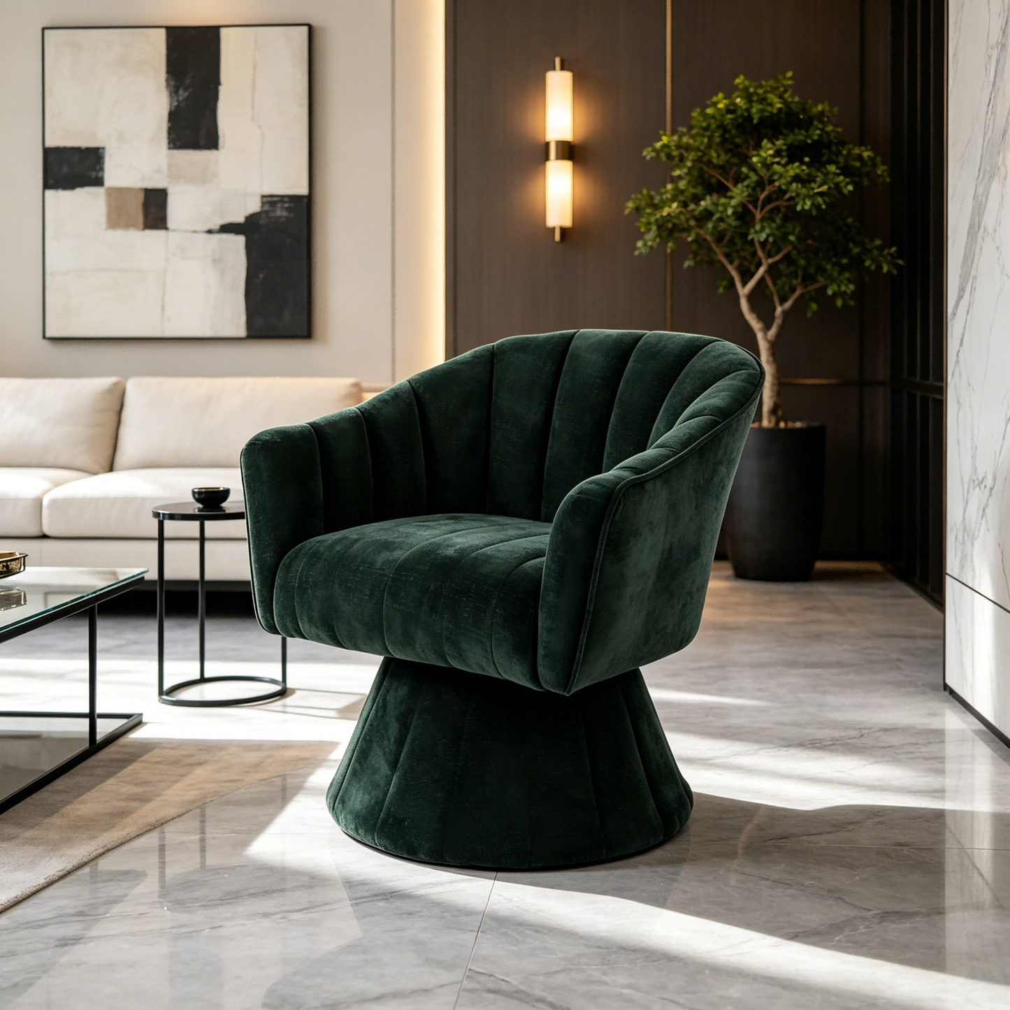 360 Degree Swivel Accent Chair, Modern Channel Tufted Barrel Chair, Green Corduroy Upholstered Round Swivel Armchair, Comfy Rotating Lounge Chair for Living Room Bedroom Vanity Office