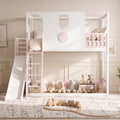 Kids Playhouse Loft Bed with Slide (Twin) — White & Pink