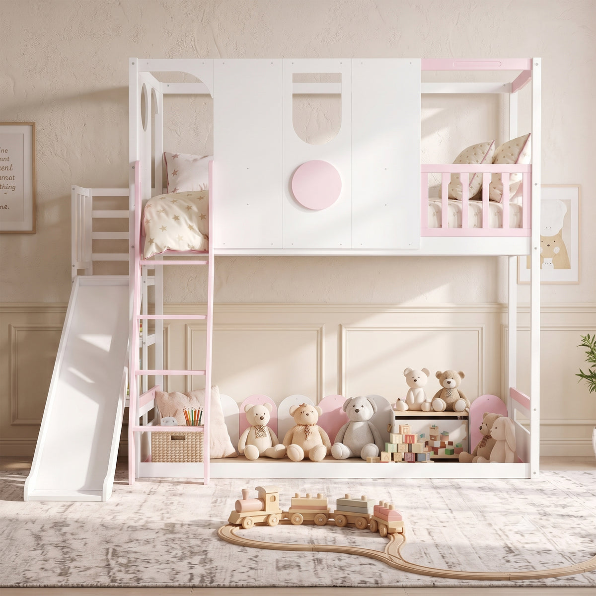 Kids Playhouse Loft Bed with Slide (Twin) — White & Pink
