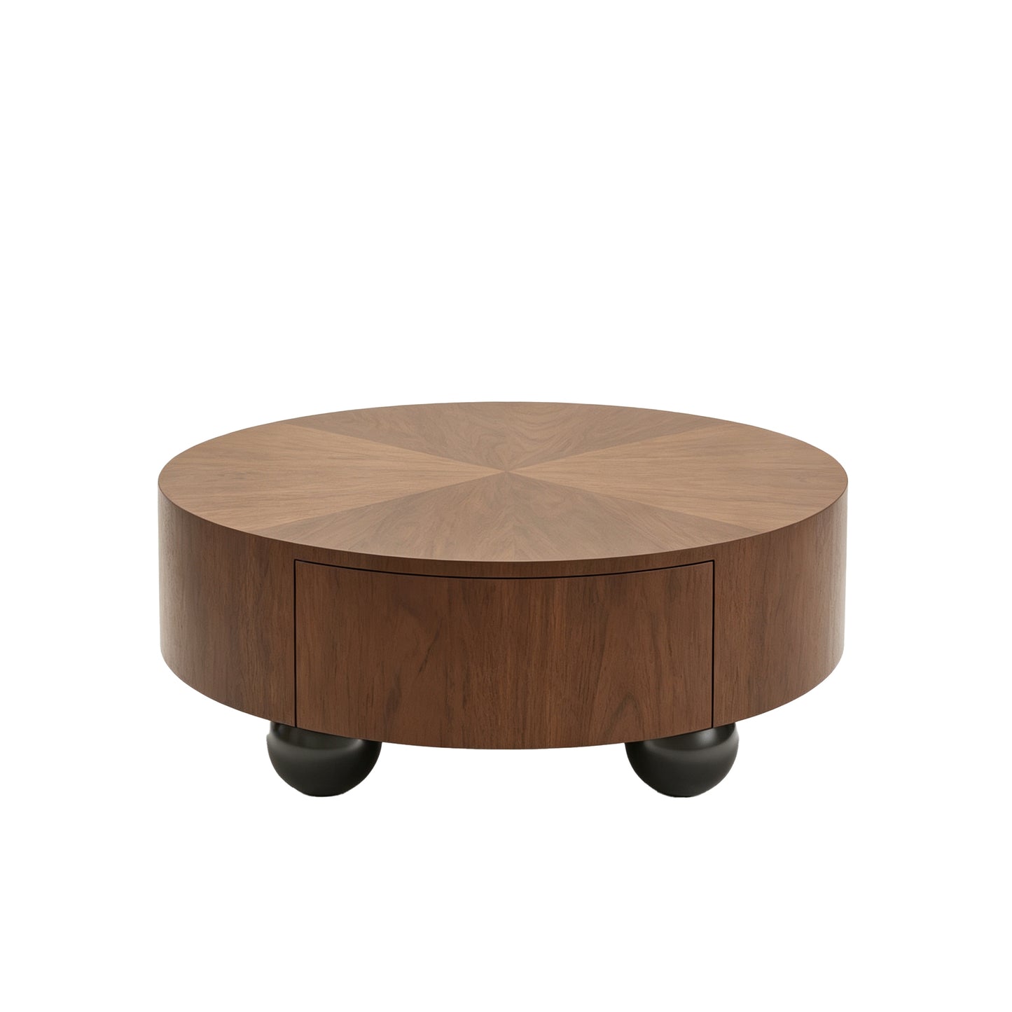 Mid-Century Modern Drum-Shaped Walnut Coffee Table with Hidden Storage Drawer and Sphere Base Legs, Round Low Profile Wooden Cocktail Table for Living Room