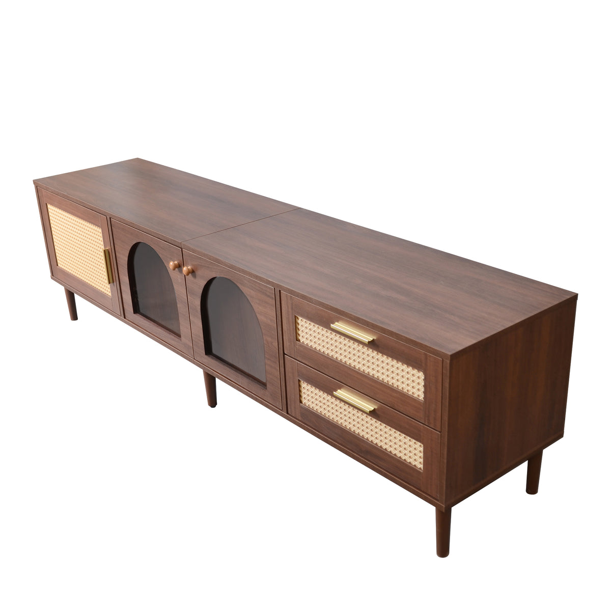 Rattan Door Media Console with LED Lights — 70", Dark Brown