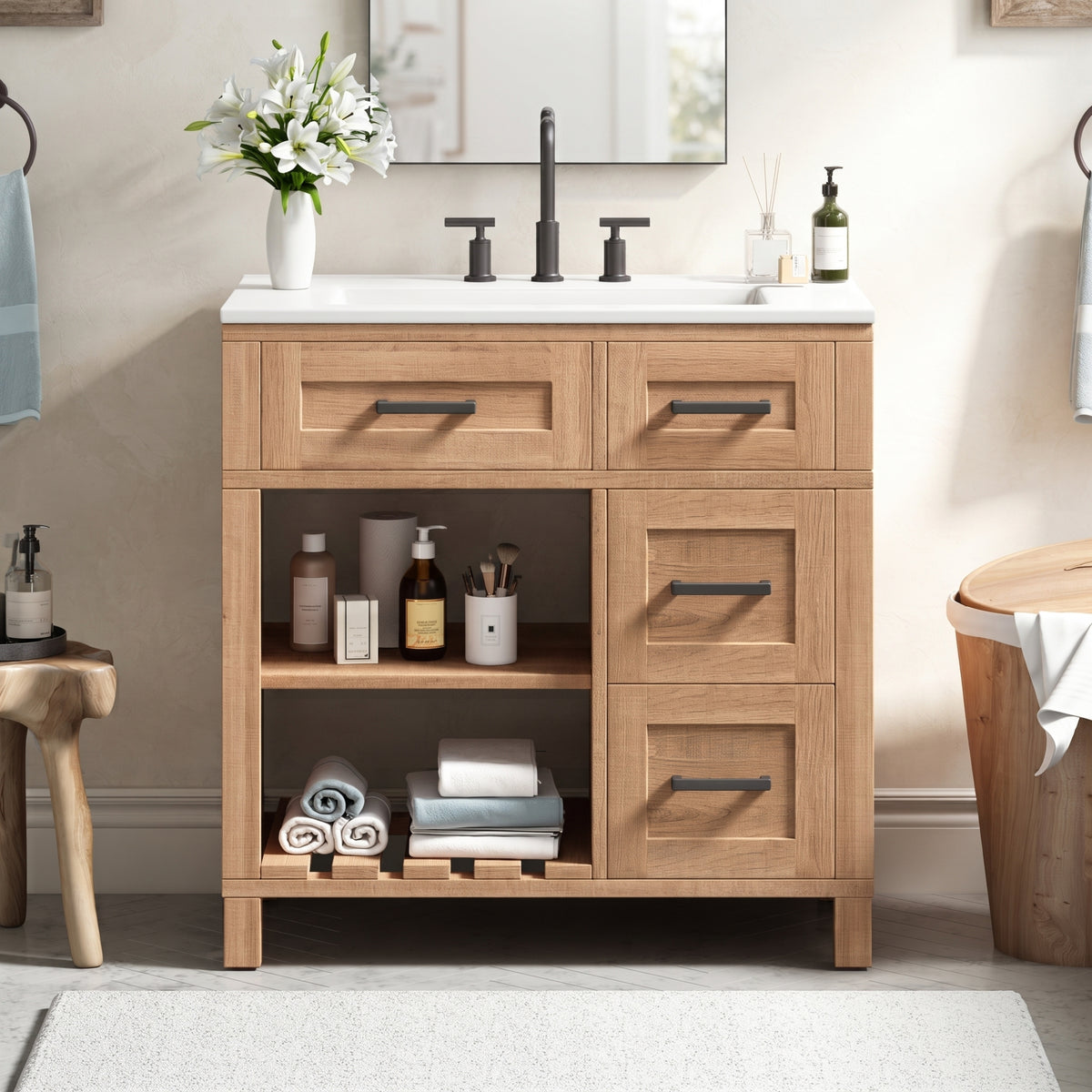 Open-Shelf Bathroom Vanity — 30", Natural Wood