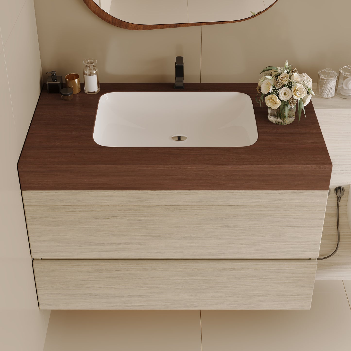 29.9' Modern Floating Bathroom Vanity with Faux Marble Top and Ceramic Undermount Sink, Wall-Mounted for Small Bathrooms and Apartments