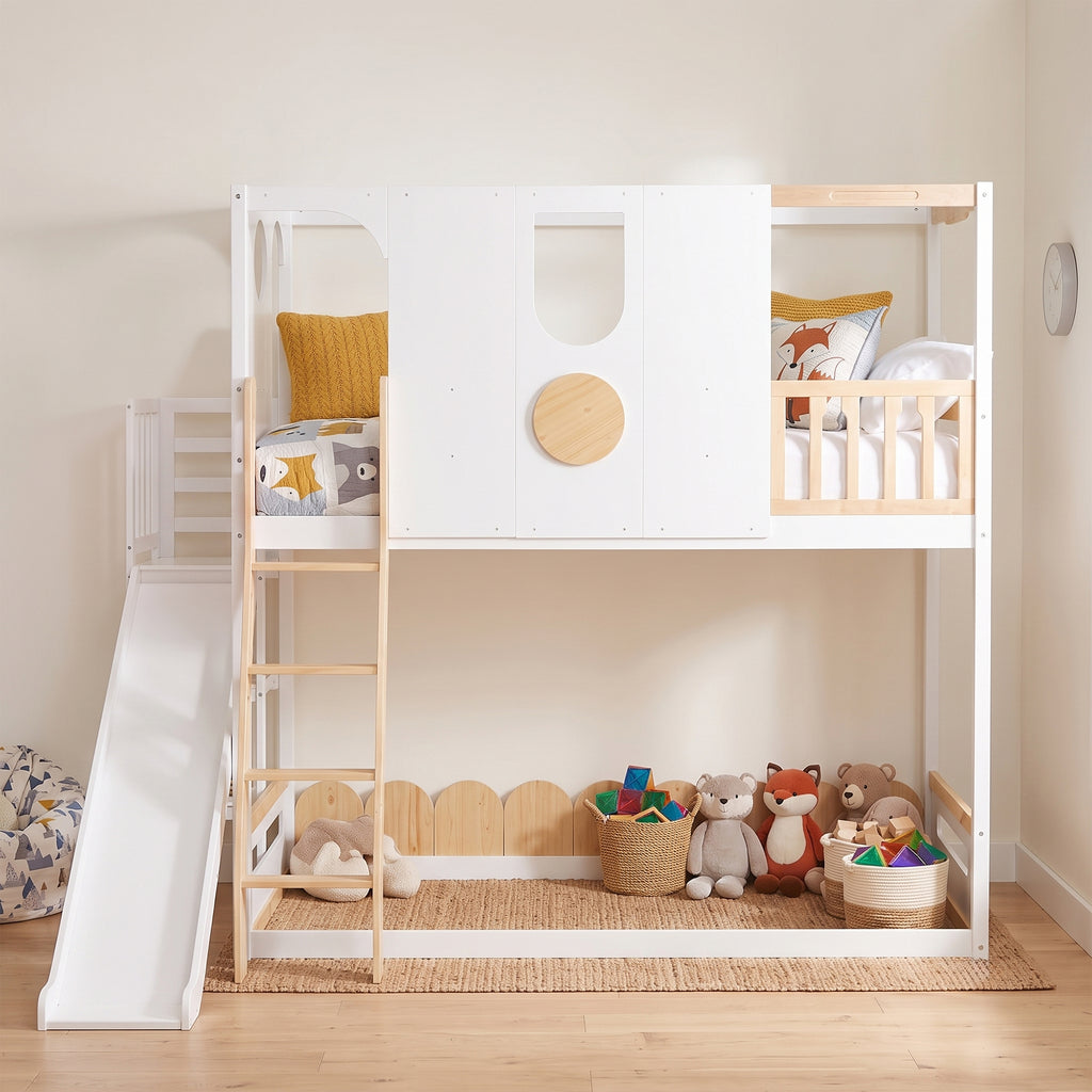 Kids Playhouse Loft Bed with Slide (Twin) — White & Natural