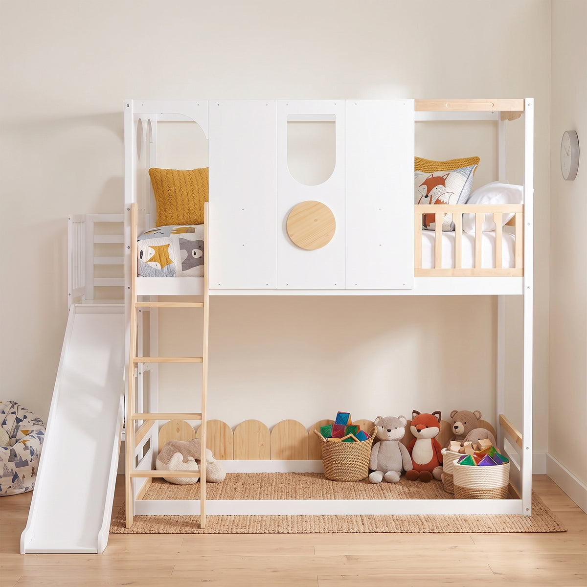 Kids Playhouse Loft Bed with Slide (Twin) — White & Natural