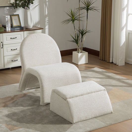 Modern Chenille Armless Chair with Storage Ottoman – Beige