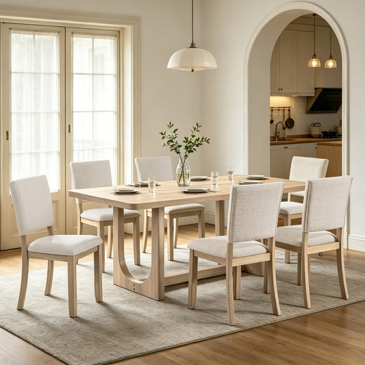 7-Piece Dining Table Set for 6 – 68" Natural Wood & Upholstered Chairs
