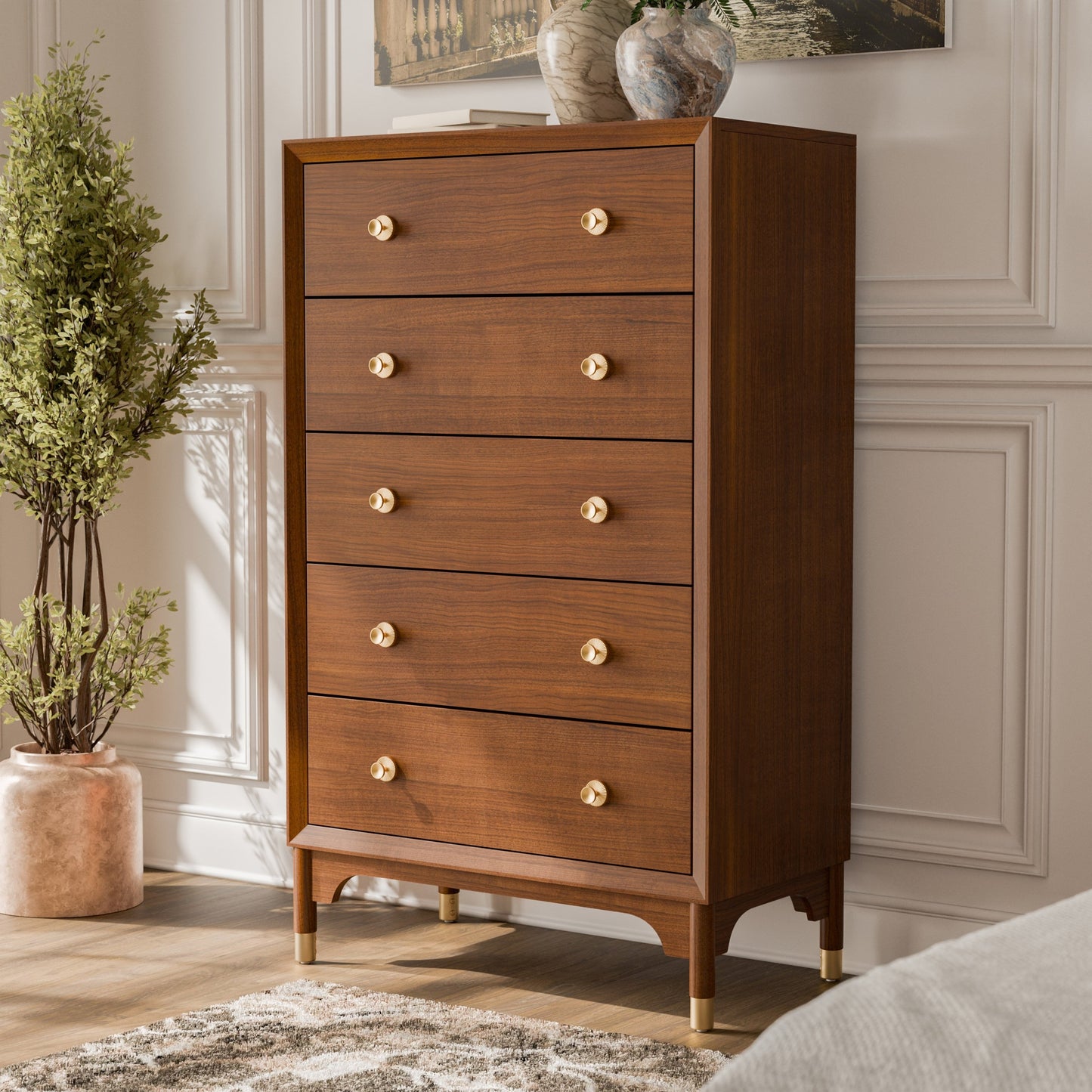 1pc Contemporary Walnut Finish Gold-Capped Legs Five-Drawers Tall Chest Wooden English Dovetail