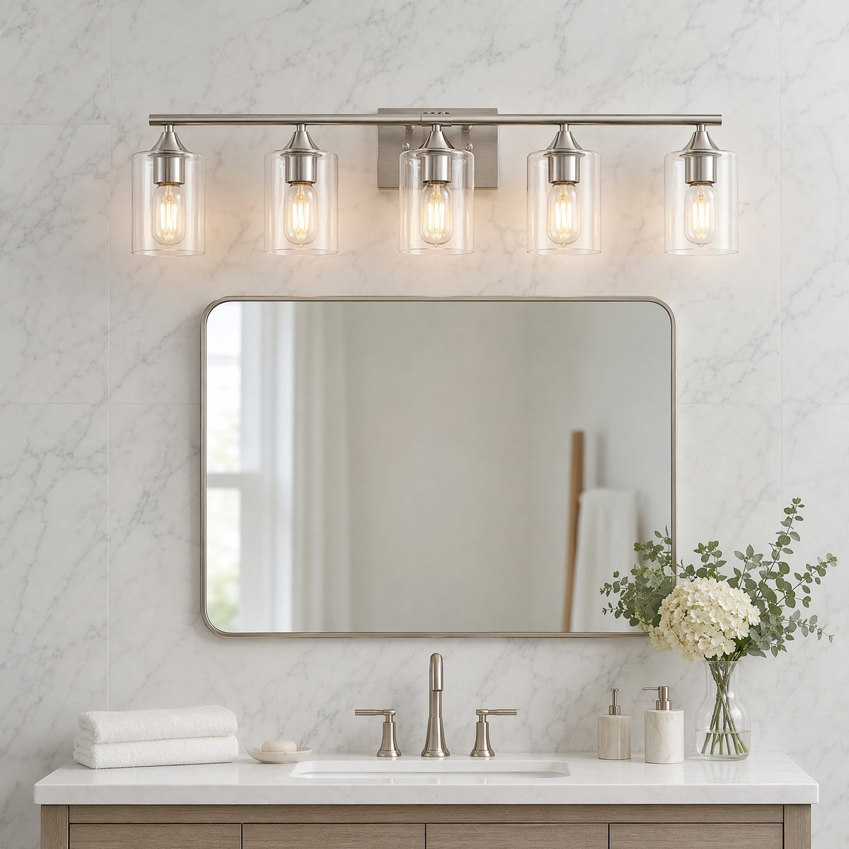 5-Light Vanity Light with Clear Glass — Brushed Nickel