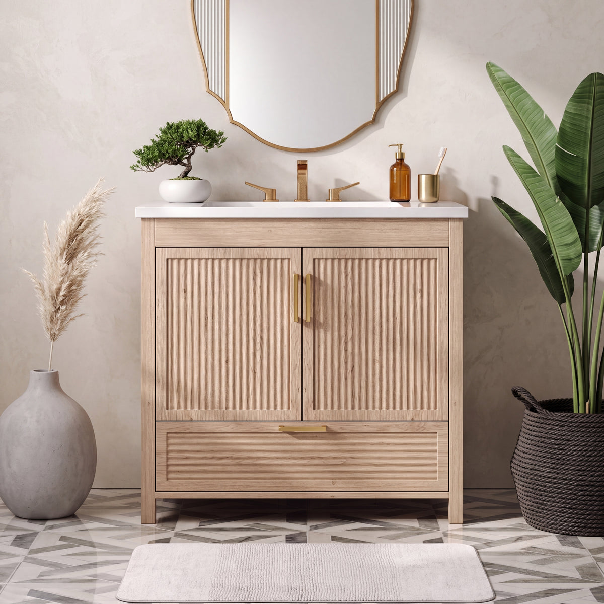 Fluted Freestanding Bathroom Vanity — 36", Oak